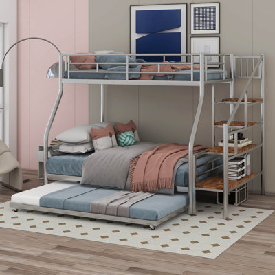 Akbez Twin Over Full Size Metal Bunk Bed with Trundle and Storage Staircase