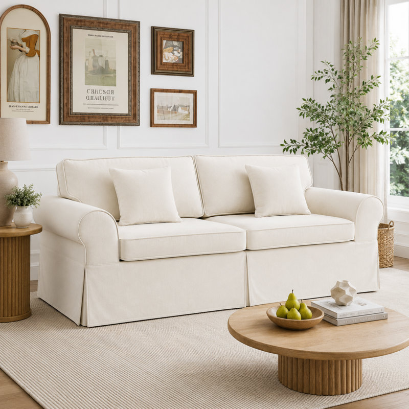 Greco Vintage Upholstered Boneless Three Seat Couch Compressed Delivery Tool Free Setup Sofa, Beige