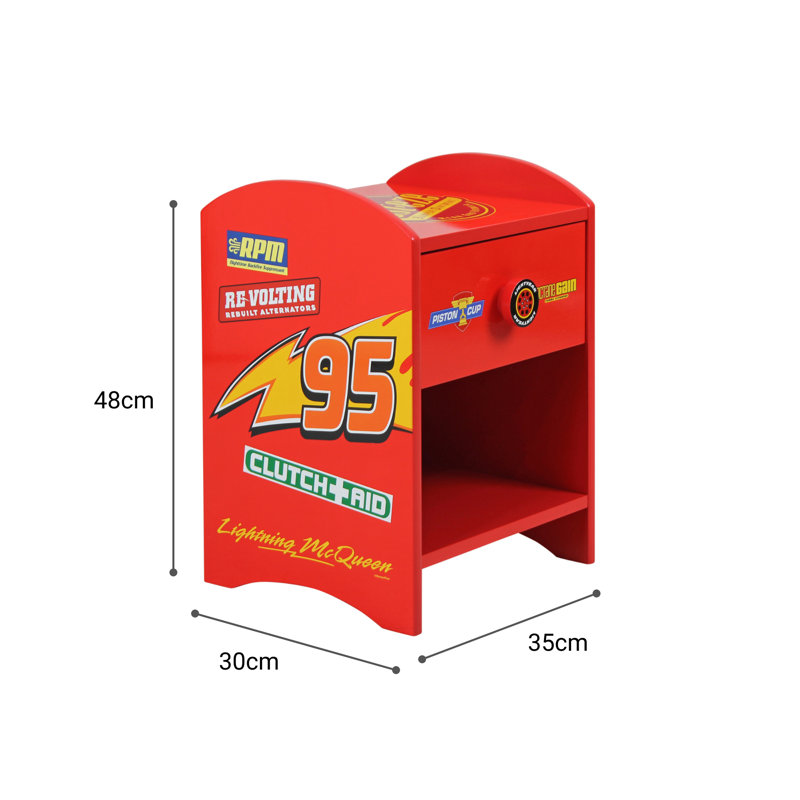 Disney Cars Lightning McQueen Bedside Table: Sturdy Engineered Wood Construction featuring a 2-tier Design for Ample Storage, Small Side Table with Drawer and Storage Shelf for Kid's Bedroom