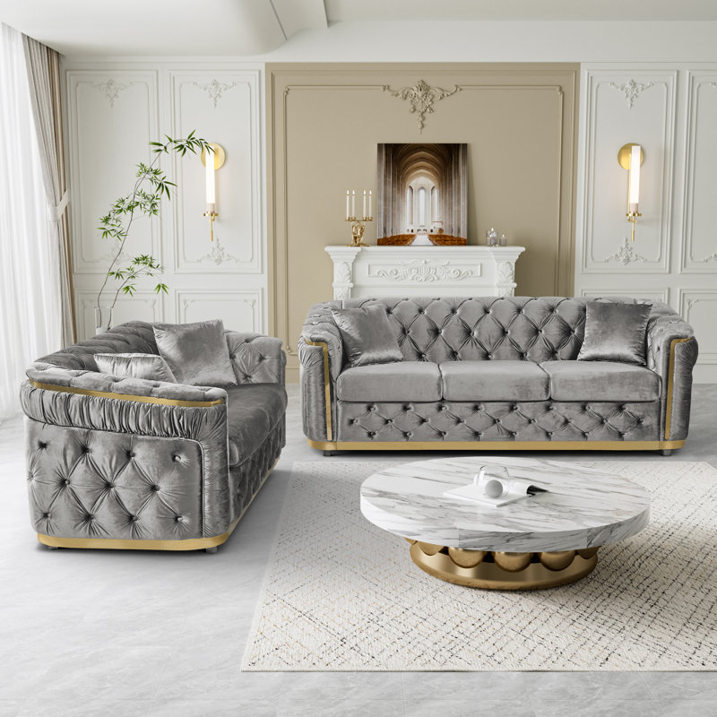 Ensemble de canapé de salon 2 pièces capitonné en velours doré, Gris