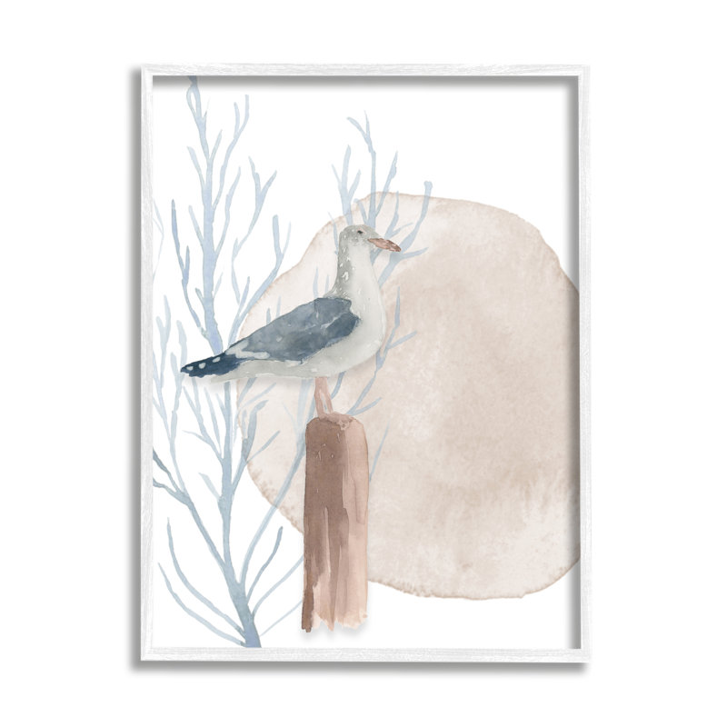 Mouette de plage en forme de mouette, H 20 po x l 16 po x P 1,5 po, Giclée encadrée blanc bord de mer