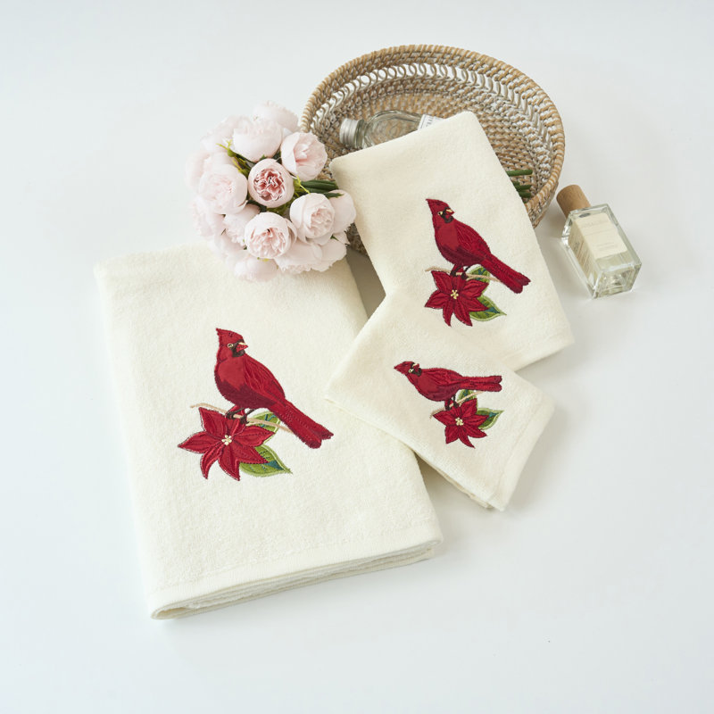 Ensemble de 3 serviettes de Noël brodées 100% coton ultra doux de luxe pour la maison, cardinal rouge avec motif ivoire