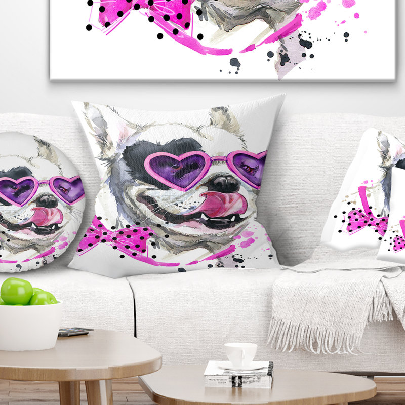 Drôle de chien avec des lunettes en forme de cœur - coussin imprimé animal, 16 po x 1 po, Coussin décoratif