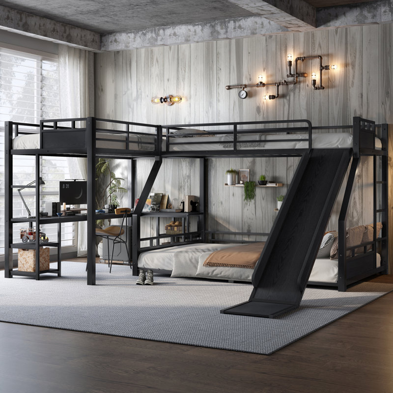 Lit superposé triple en métal avec glissade, bureau et tablettes de rangement PlayScape, Queen