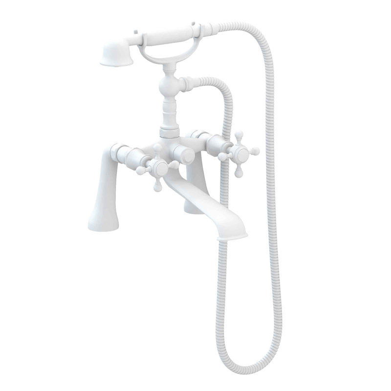 Victoria Deck Mount Exposed Tub & Hand Shower Set, Matte White, Cross Handle