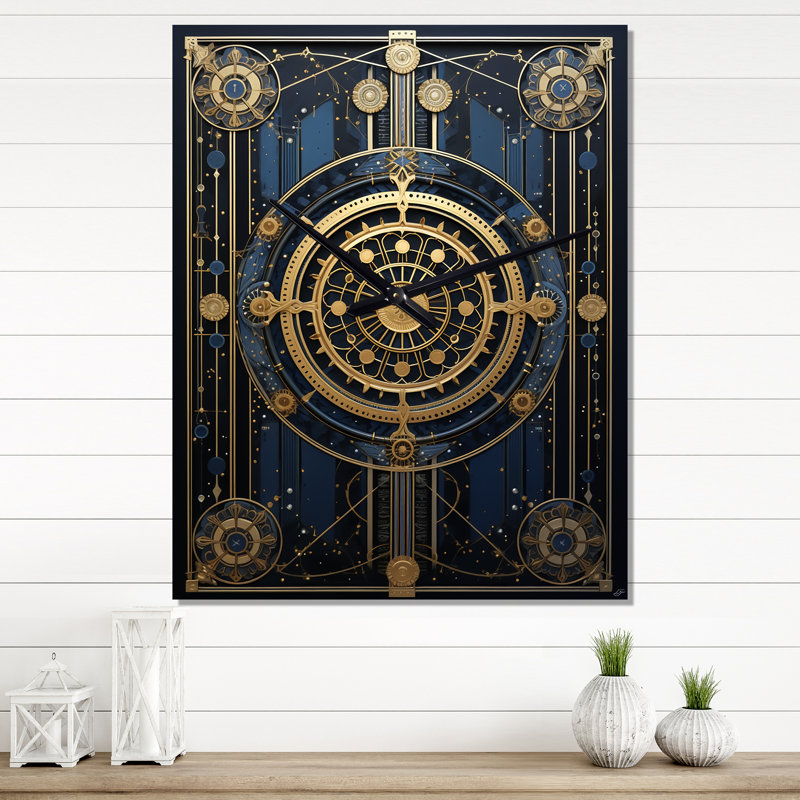 Ancienne sceau antique en or et bleu II - horloge murale moderne géométrique, Grand