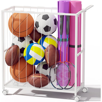 Ball Storage Bin Rolling Sports Ball Cart, Metal Garage Organizer Sport Rack, Ball Basket Storage