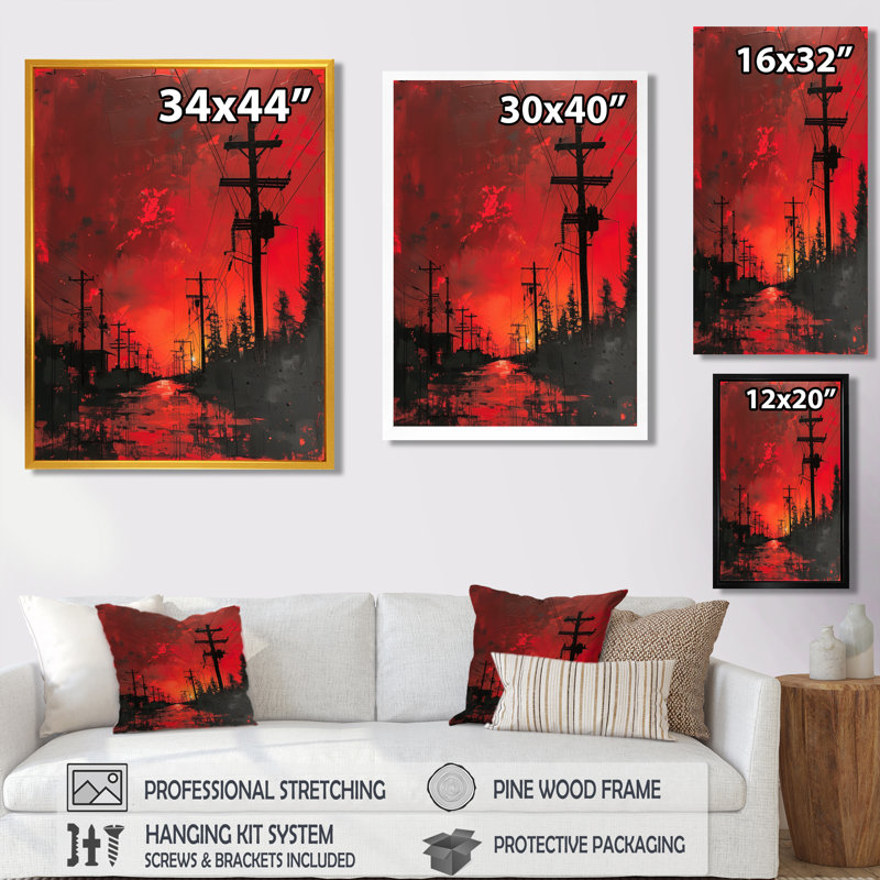 Red Black Power Lines To The Darkness I - Power Lines Wall Art, 12" H x 20" W, Black Single Picture Framed