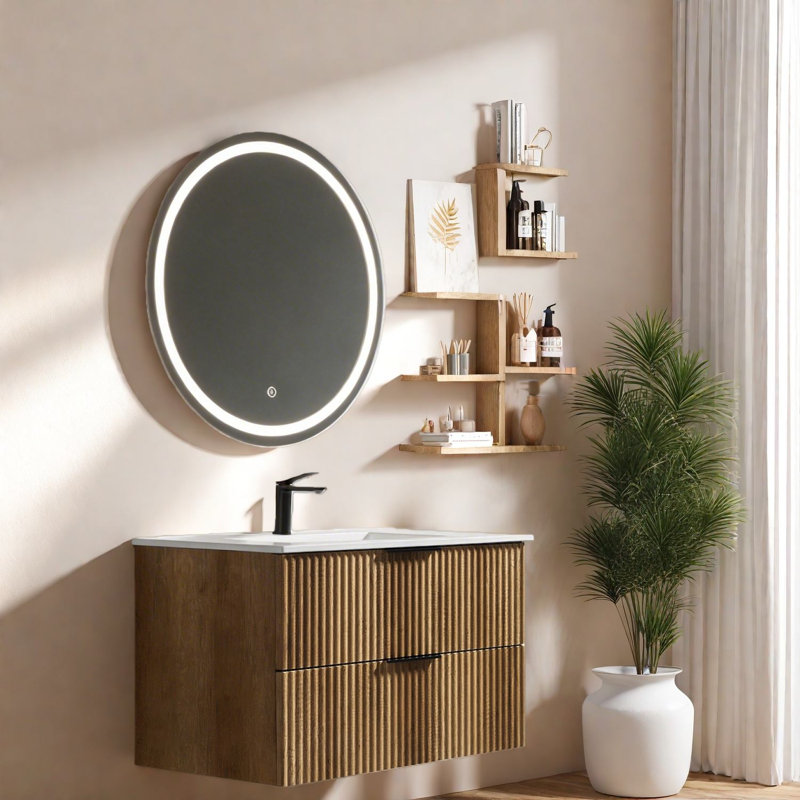 Meuble-lavabo moderne peu encombrant en chêne doré avec lavabo intégré