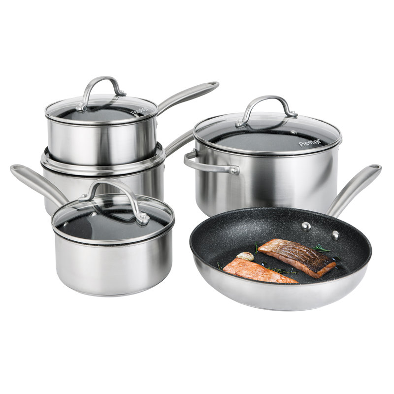 Prestige Scratch Guard 5Pc Saucepan Set, 16/18/20cm, 24cm Stock Pot, 25cm Fry, Aluminium, Scratch Resistant, induction Suitable, Glass Lids