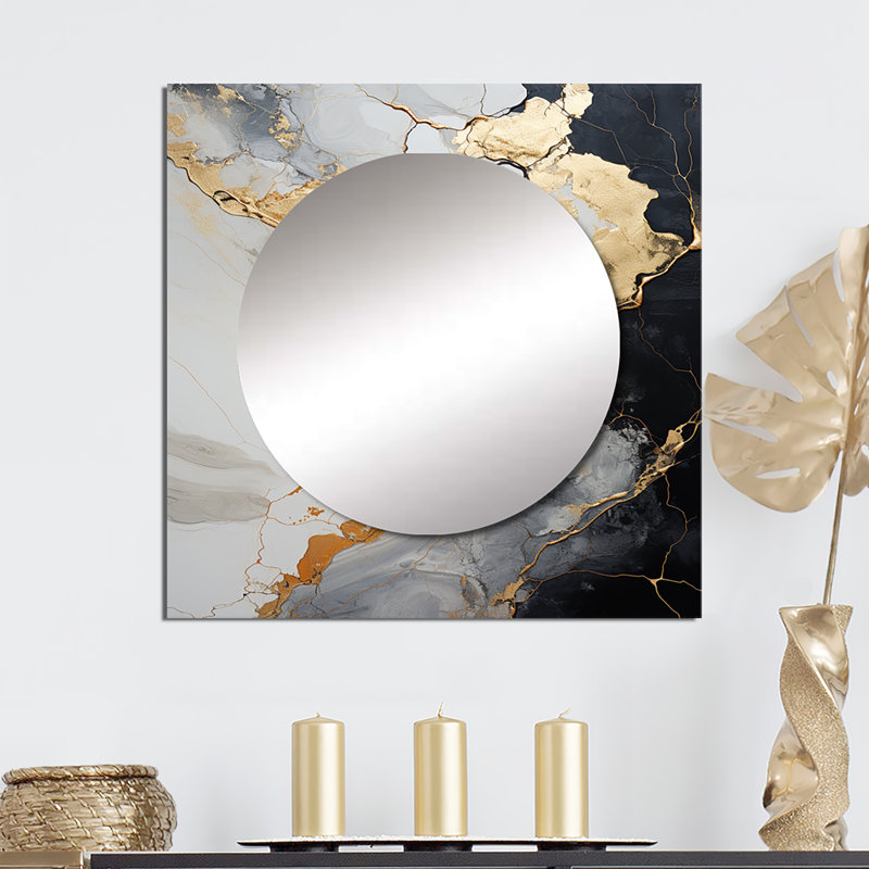 Sibylla - Minimalisme chrome blanc et poteries abstraites spirales carrées miroir pour décoration murale, 29 po x 29 po