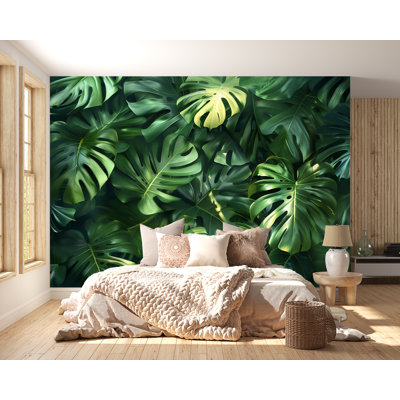 Monstera Leaf Wall Art Wallpaper – Tropical Jungle  Print, Botanical Nature Decor For Living Room 