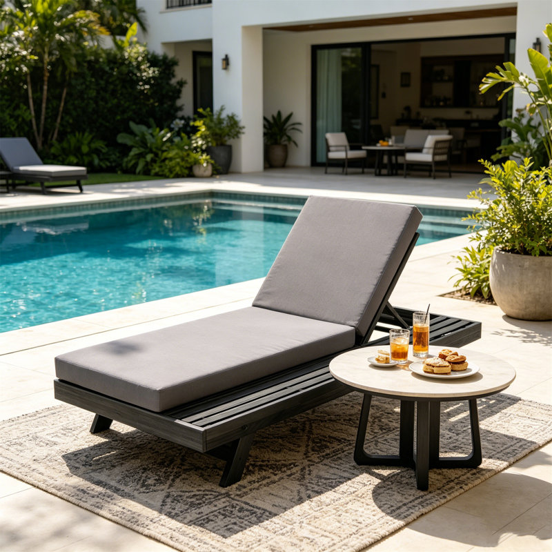 Ensemble de chaises longues, espace disponible sur un côté, bois d'acacia noir avec coussins de salon résistants à l'eau (gris foncé et 4 pouces d'épaisseur) - version crème assortie disponible