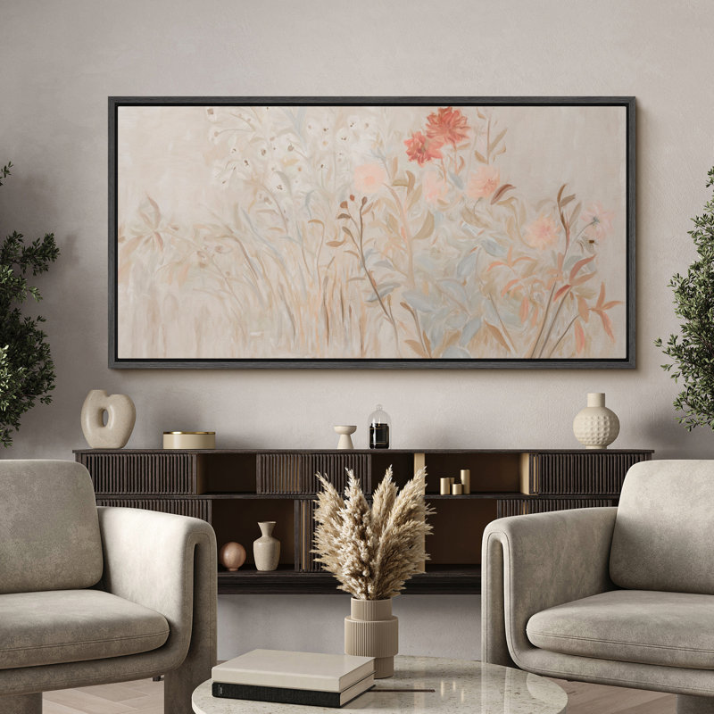 Toile encadrée de prairie à fleurs sauvages douces - art botanique neutre avec des fleurs chaudes, Noir, H 30 po x l 60 po