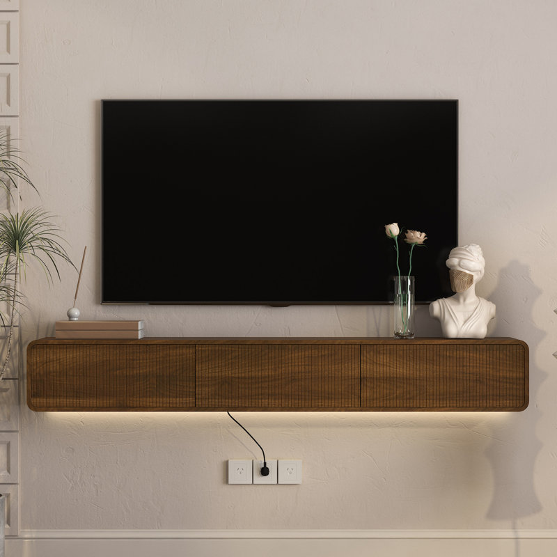Meuble télé mural flottant avec lumière DEL, Brun