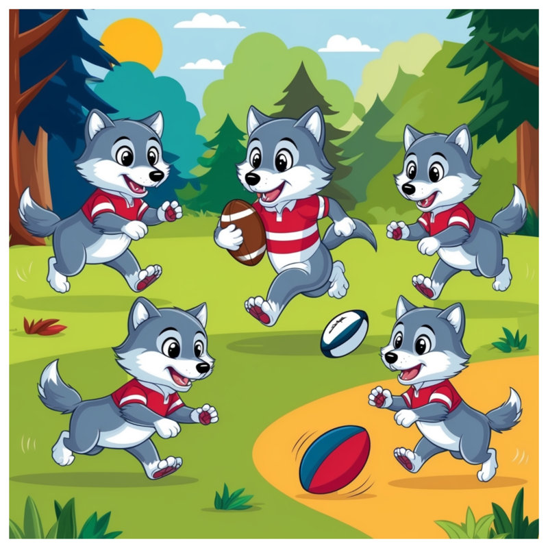 Caricature de loups jouant aux couvertures de rugby, L 50 po x H 60 po