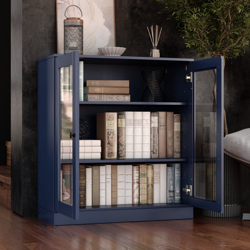 Palace Imports 100% Solid Wood Short Bookcase with Glass Doors, Adjustable Shelves, Modular Storage Bookshelf, 32" W x 35.75" H