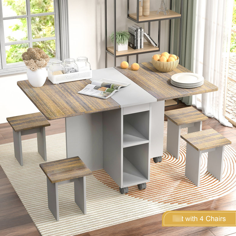 Table de salle à manger pliante 55 po avec 4 chaises, un espace de rangement et 6 roulettes Feuille. .