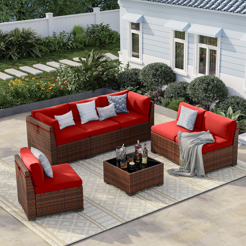 Ensemble de conversation modulaire en rotin pour 6 personnes avec coussins, Non, Rouge