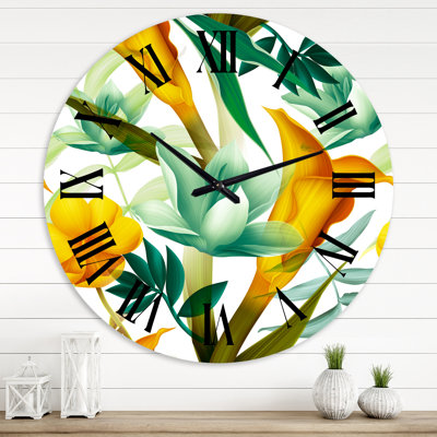 Horloge murale moderne - feuillage tropical et fleurs jaunes III