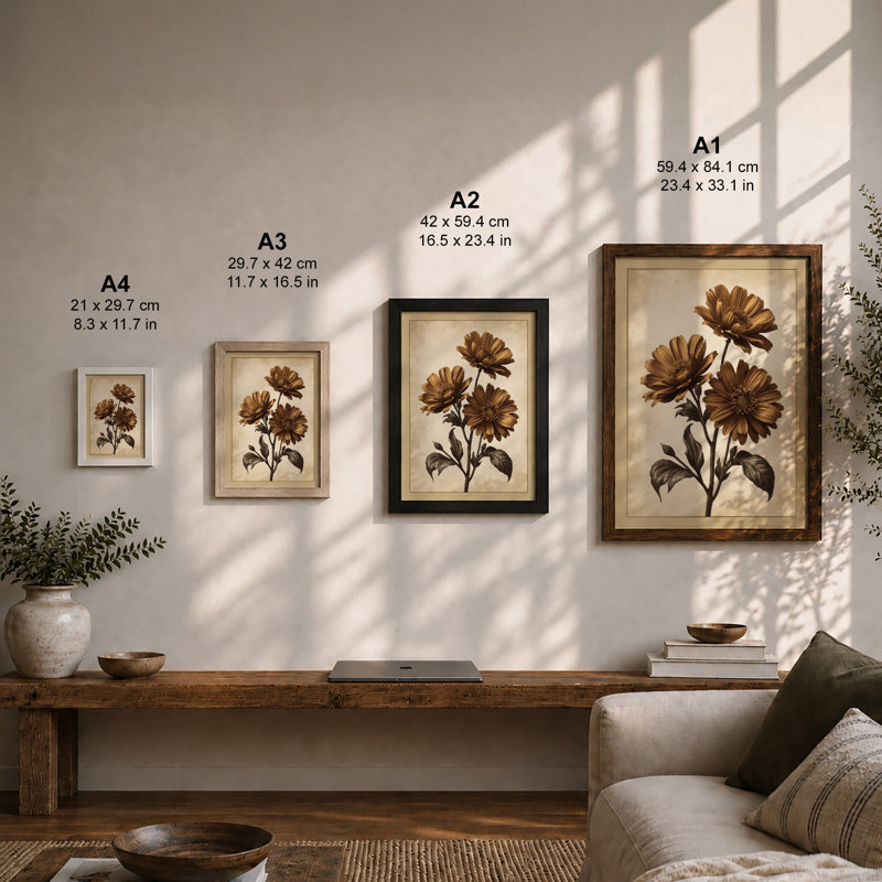 Gerbera Daisies in Ochre Botanical - Framed Print, A2 - 59.4 x 42.0 cm, Unframed