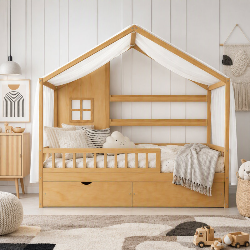 Lit simple avec rideaux, tiroirs de rangement et garde-corps Kids, Lit simple, Naturel