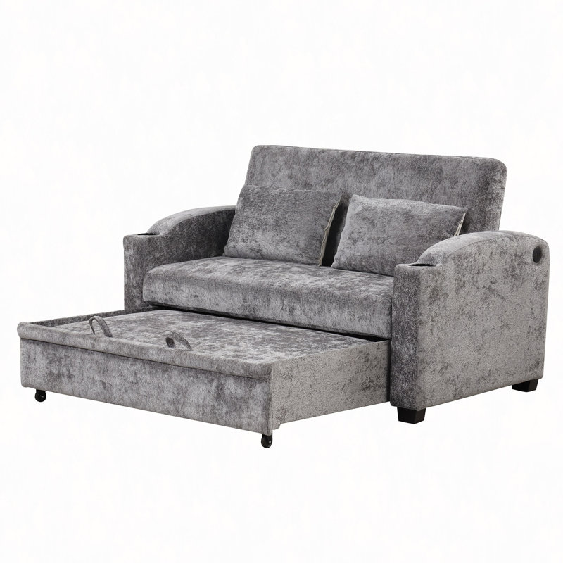 Canapé-lit convertible en chenille 61,6 po avec dossier ajustable, 2 coussins, porte-gobelets, ports USB, appartement, Gris