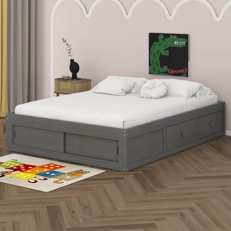 Queen Size Platform Bed Frame With 4 Drawers And Footboard Storage Cubby, No Headboard, Antique Gray