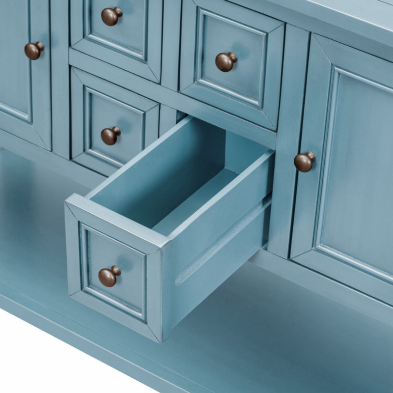 Console Keyania avec quatre petits tiroirs et tablette inférieure, Bleu foncé
