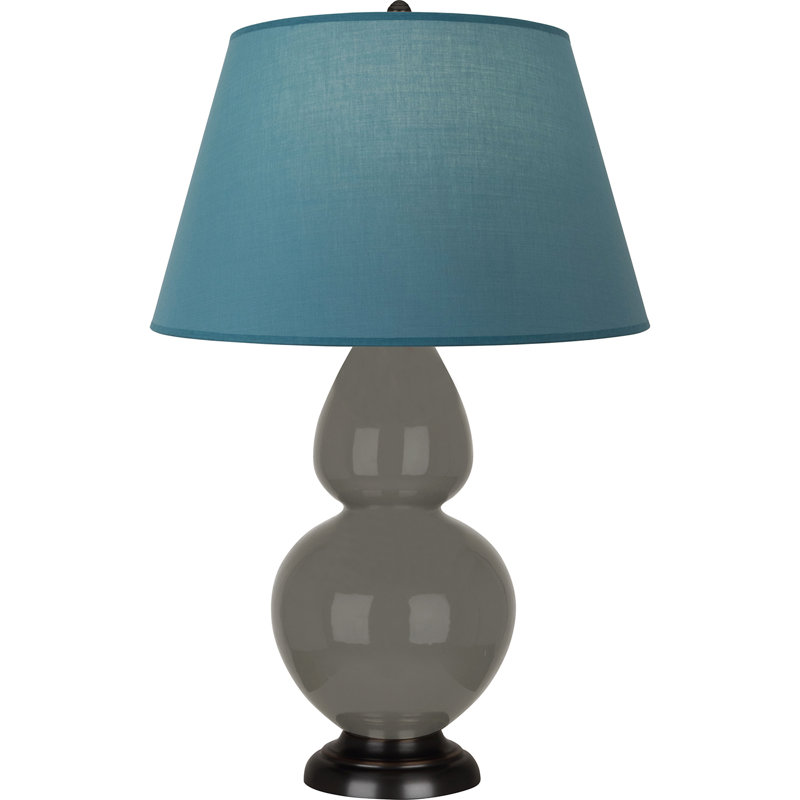 Lampe de table double gourde en céramique, Frêne verni / bronze, Bleu vif / gris, Bronze