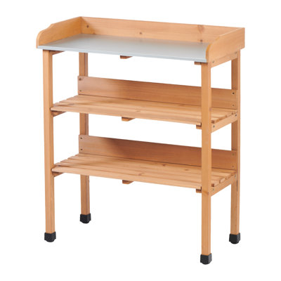 30X14.535.5 Three - Layer Solid Wood Potting Table With Metal Top, Outdoor Work Bench For Garage And Diy Projects, With Built In Hooks Adjustable Feet Functionality 30.5L 14.6W 35.5H Tier Gardening