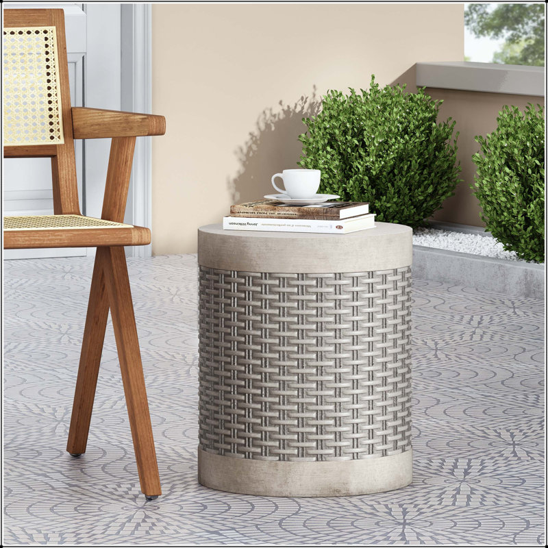 Outdoor Lightweight Concrete Round Side Table with Basket Weave Pattern