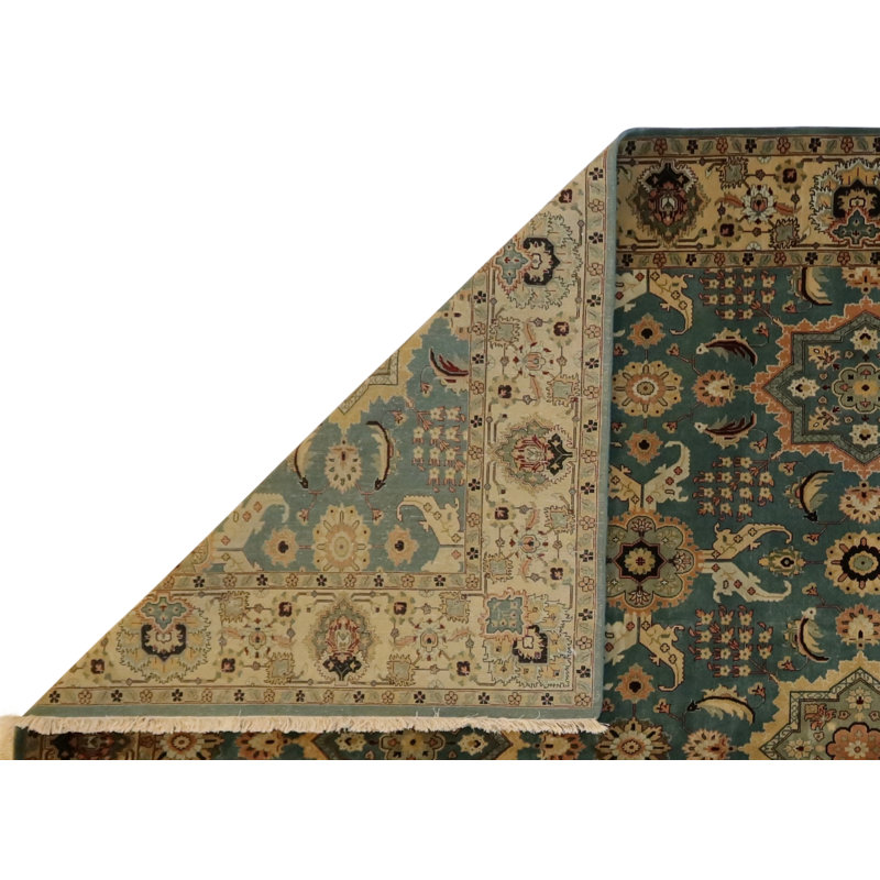 Oriental Hand-Knotted Wool Blue/Ivory Area Rug, Rectangle 12'1" x 14'8"