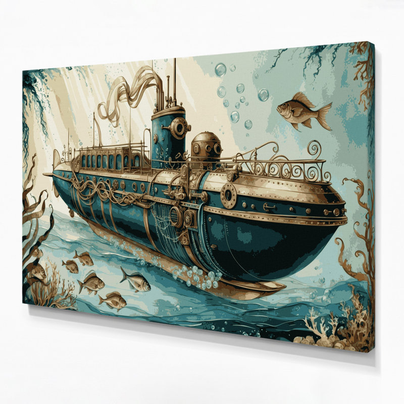Transport, sous-marin, illustrations, toile brune, H 20 po x l 30 po