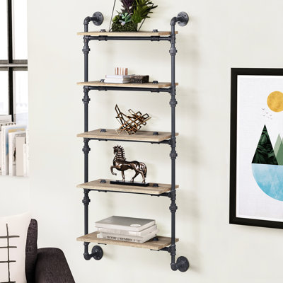 5 étagères murales de style industriel chic - Chêne et noir sableux, métal pour un style et une organisation modernes