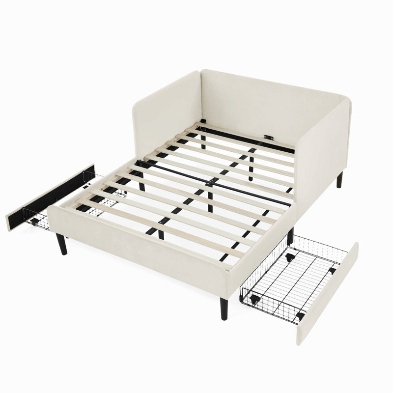 Structure de lit plateforme tapissier avec 2 tiroirs de rangement, canapé-lit réglable en velours, Double, Beige