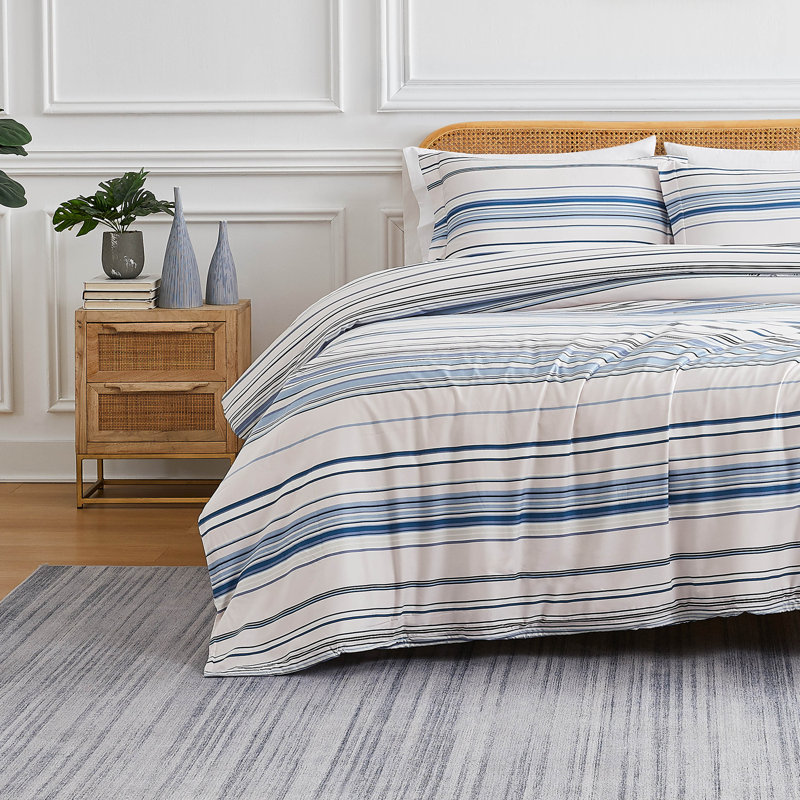 California King Coastal Blue Striped Microfiber Duvet Cover Set