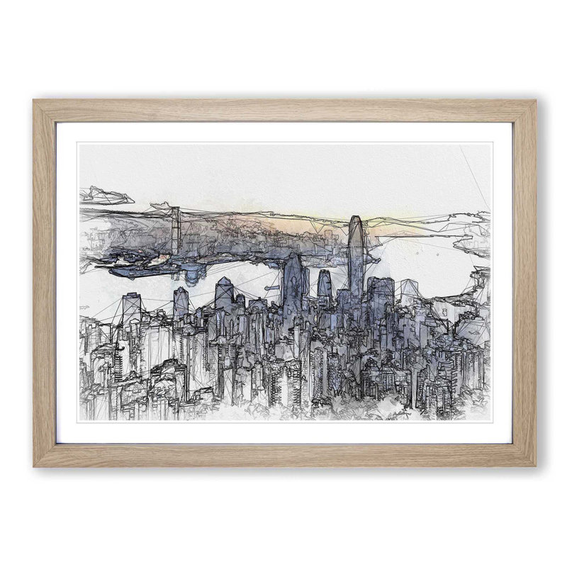 Hong Kong Skyline in China in Abstract - Picture Frame Graphic Art Print on MDF, Oak Framed, 27cm H x 36cm W x 2cm D