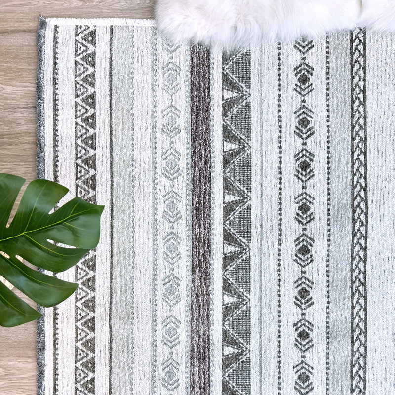 Alfa Rich Nasworthy Gray White Cream Washable Cotton Area Rugs for Living Room Bedroom Kitchen, Rectangle 6'5" x 9'5"