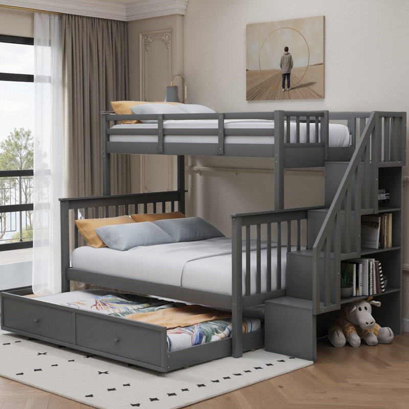 Lit superposé convertible simple sur double avec escalier, rangement et lit gigogne polyvalent, Gris