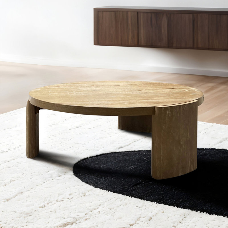 Table basse ronde moderne avec base de socle unique, bois d'hévéa durable et placage de chêne pour les espaces de vie contemporains
