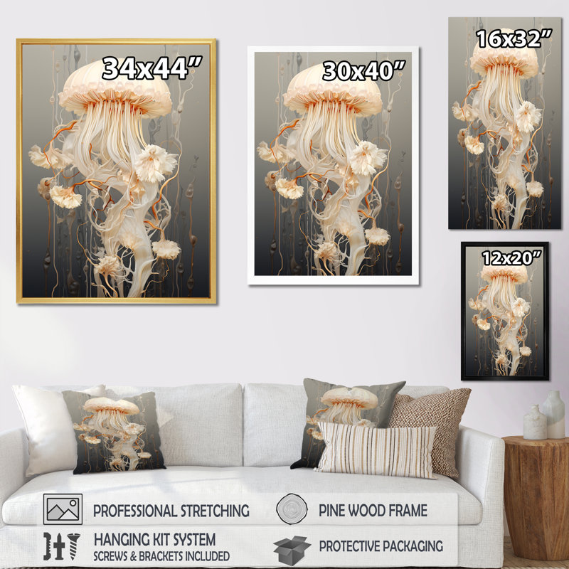 «Minimalisme Jellyfish Wonders», reproduction sur toile, Cadre doré simple, H 44 po x l 34 po x P 1,5 po