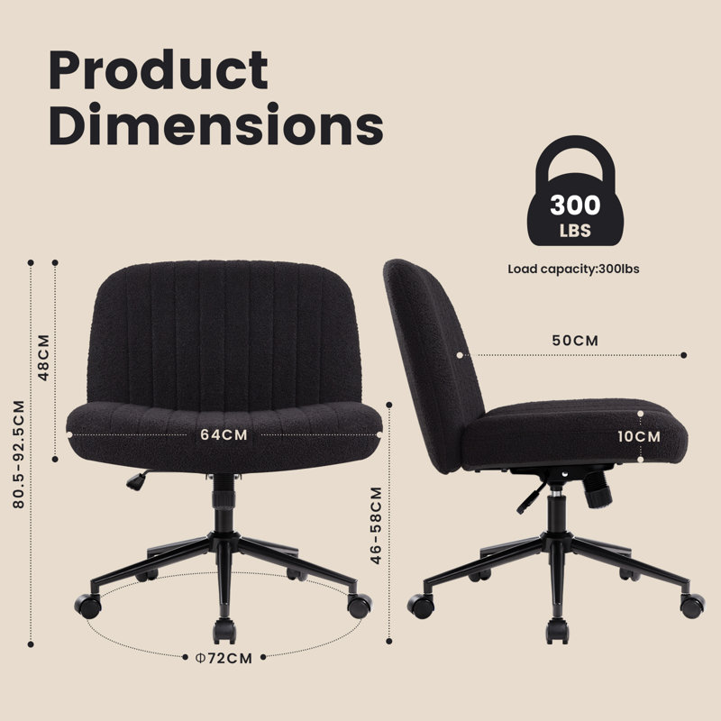 Milicent Armless Wide Desk Chair with Wheels, Teddy, Black
