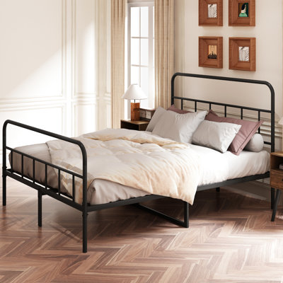 Structure de lit pour grand lit en métal avec tête de lit, construction solide, aucun sommier nécessaire, nuit tranquille, noir pour grand lit, fer à repasser requis, temps de sommeil,