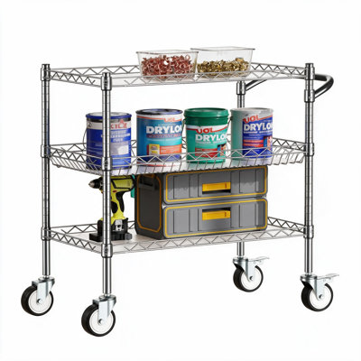 3-Tier Steel Utility Service Cart with 4 Swivel Wheels and 3 Cushioned Mats, Heavy Duty Rolling Storage Rack for Office Warehouse Kitchen, Black Silver