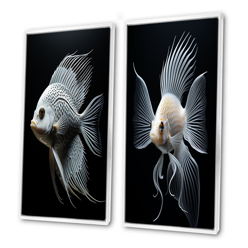 «Oceanic Minimalist» noir et blanc, poisson papillon I - ensemble de 2 impressions sur toile, Cadre blanc, H 28 po x l 25 po