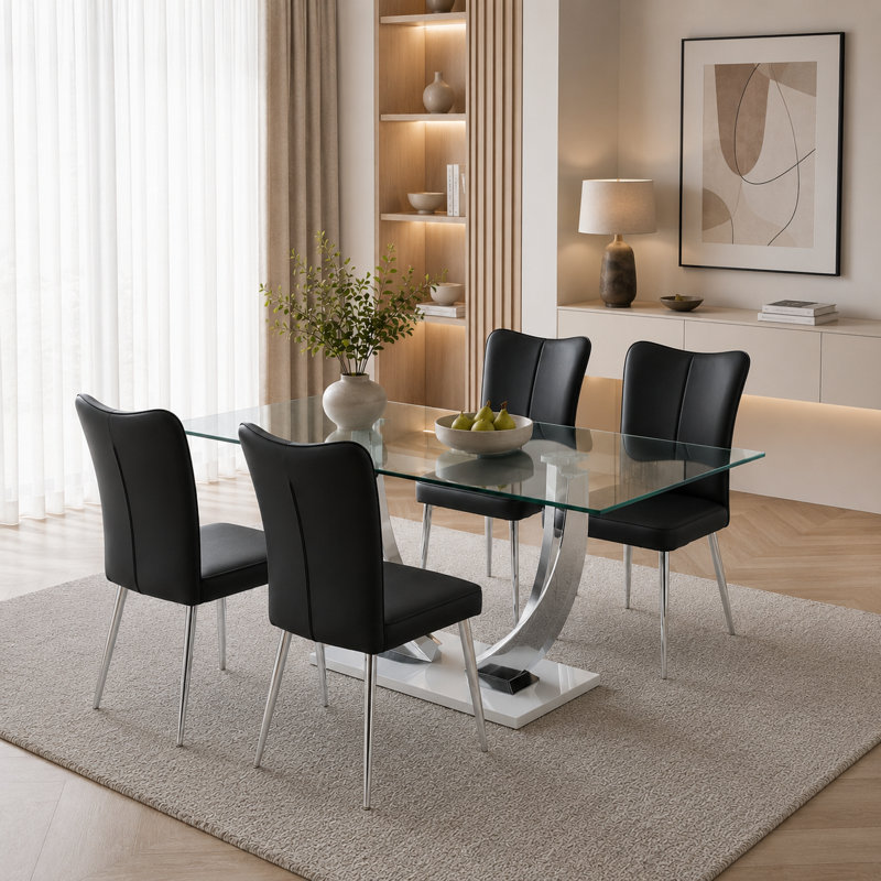 Faux Leather Upholstered Metal Dining Chair, Black, Silver