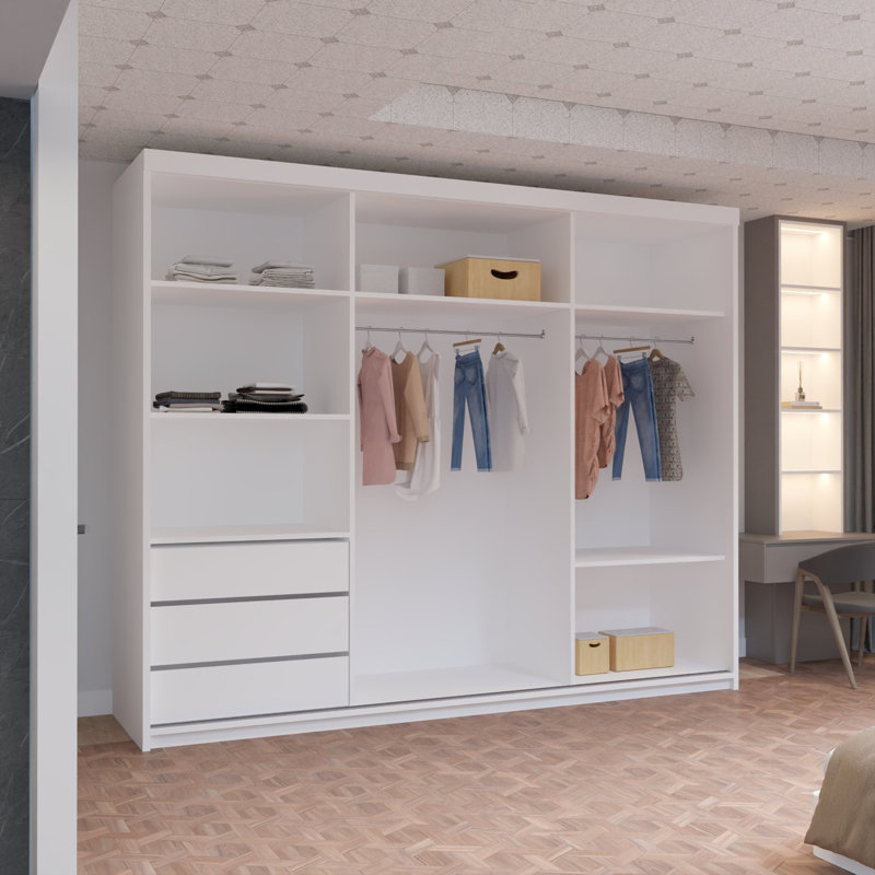 Moscow Sliding Wardrobe with Mirror Modern Bedroom Wardrobe 4 Colours 3 Sizes, 217cm H x 250cm W x 62cm D, White