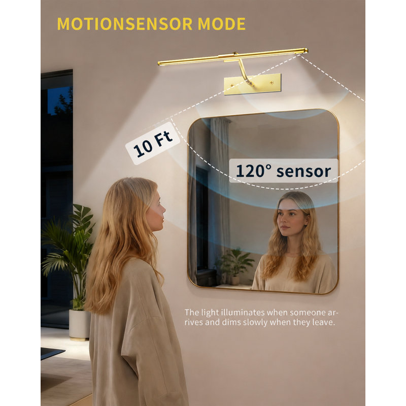 Premium Gold Motion Sensor LED Mirror Front Light, Rechargeable Dimmable Vanity Lamp with Remote Control