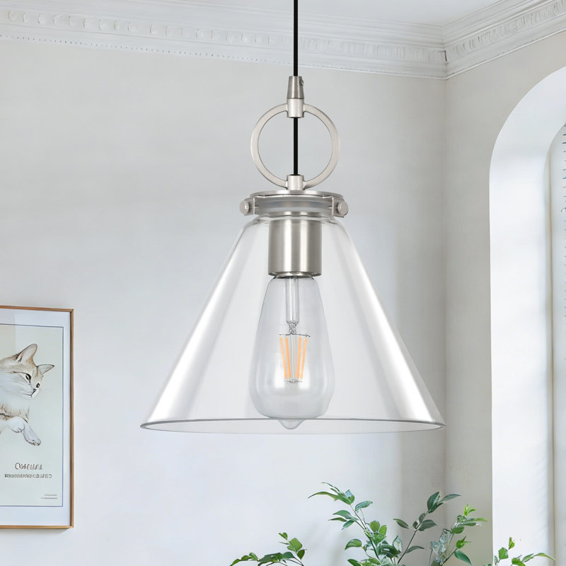 1-Light Pendant Light with Clear Glass Nickel Base, Nickel